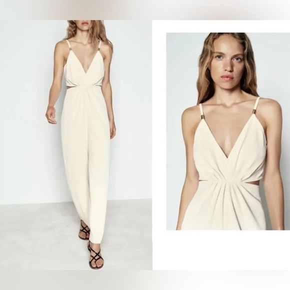 Zara Jumpsuit wide leg with cut out details size med in a ivory cream color - Picture 1 of 12